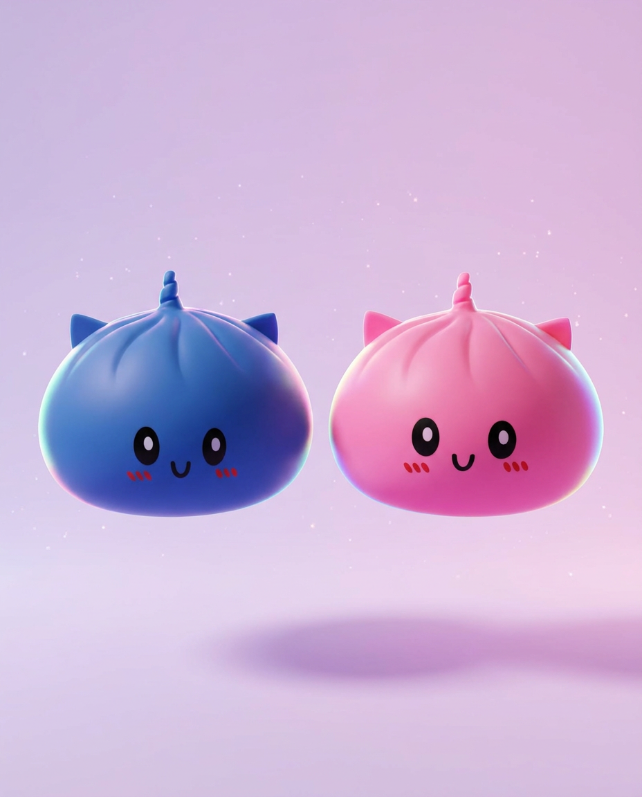 Dumplings mystère squishy bleu et rose avec oreilles